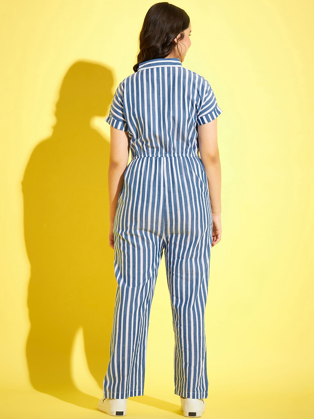 StyleStone Girls Blue & White Cotton Striped Jumpsuit