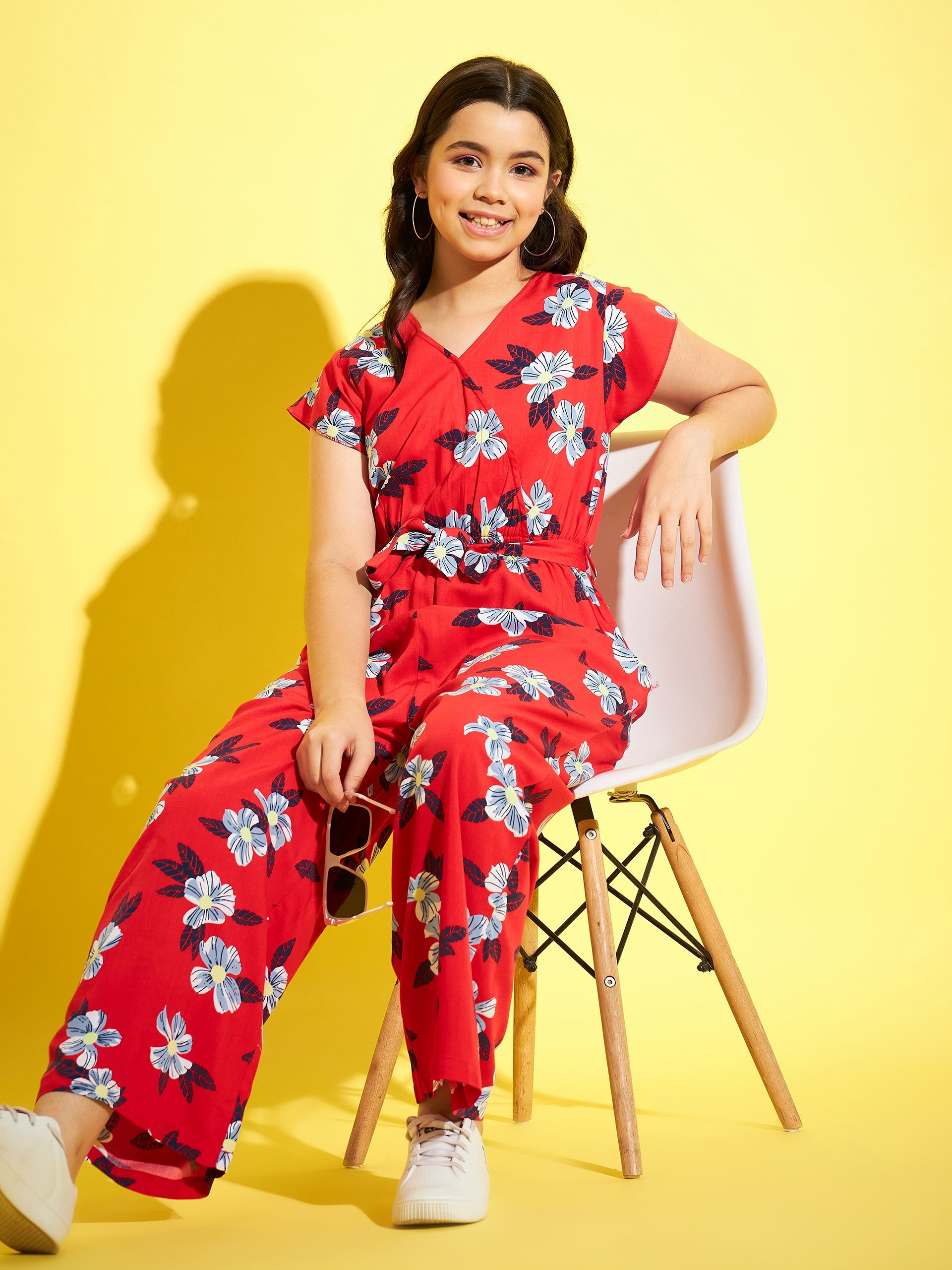 StyleStone Girls Red Floral Jumpsuit