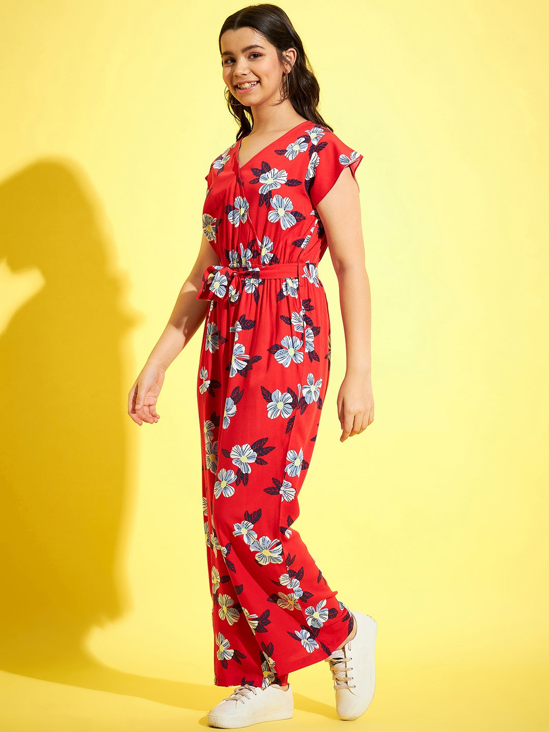StyleStone Girls Red Floral Jumpsuit