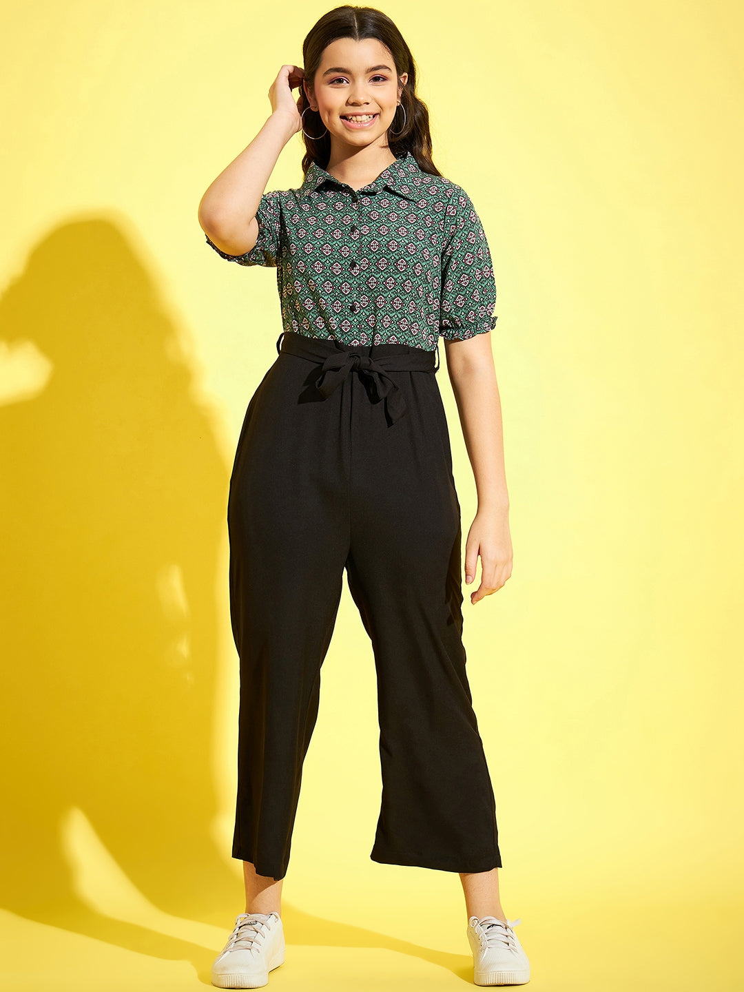 StyleStone Girls Green and Black Printed Jumpsuit