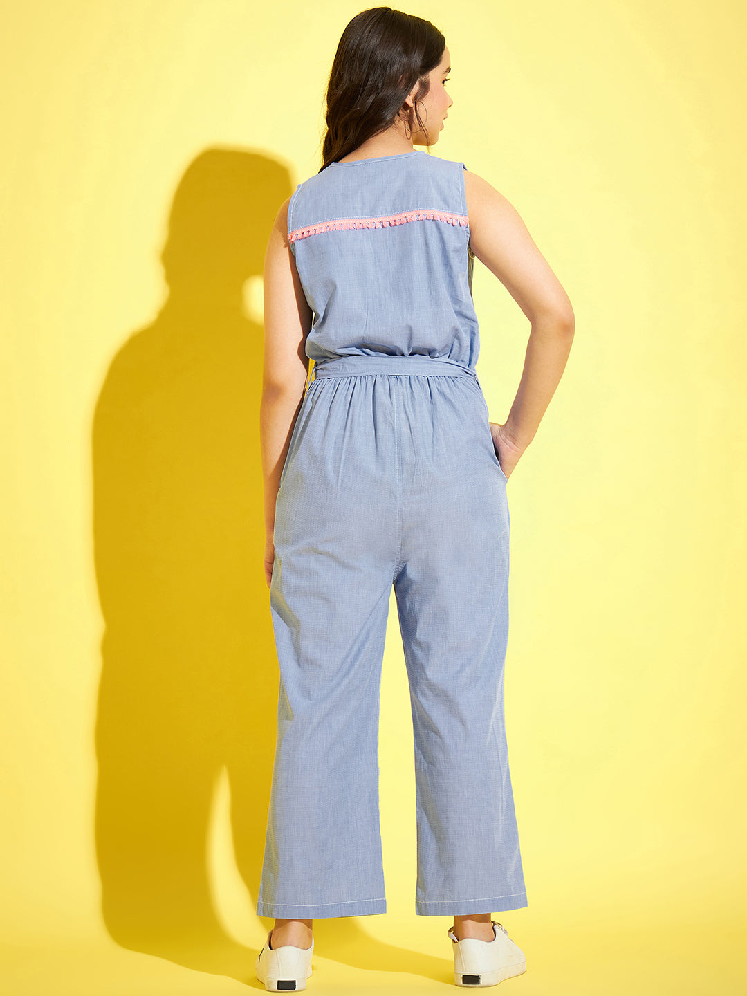 StyleStone Girls Chambray Cotton Jumpsuit with Neon Lace Insert