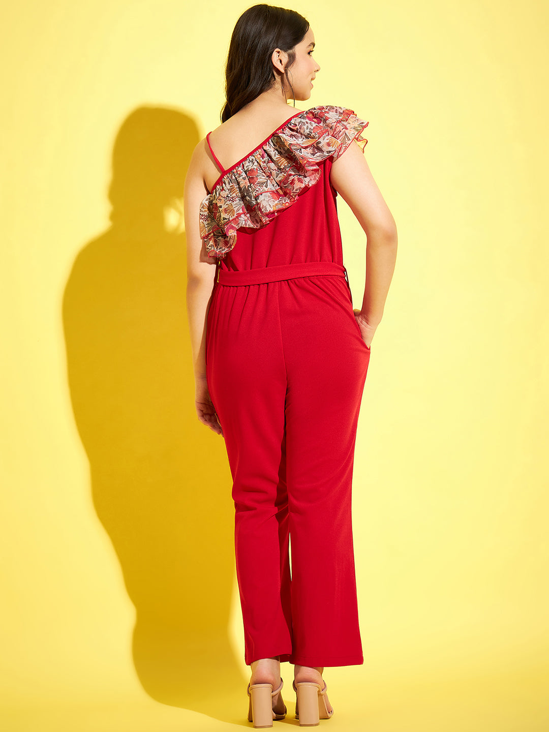 StyleStone Girls Red One Shoulder Party Jumpsuit with Ruffles