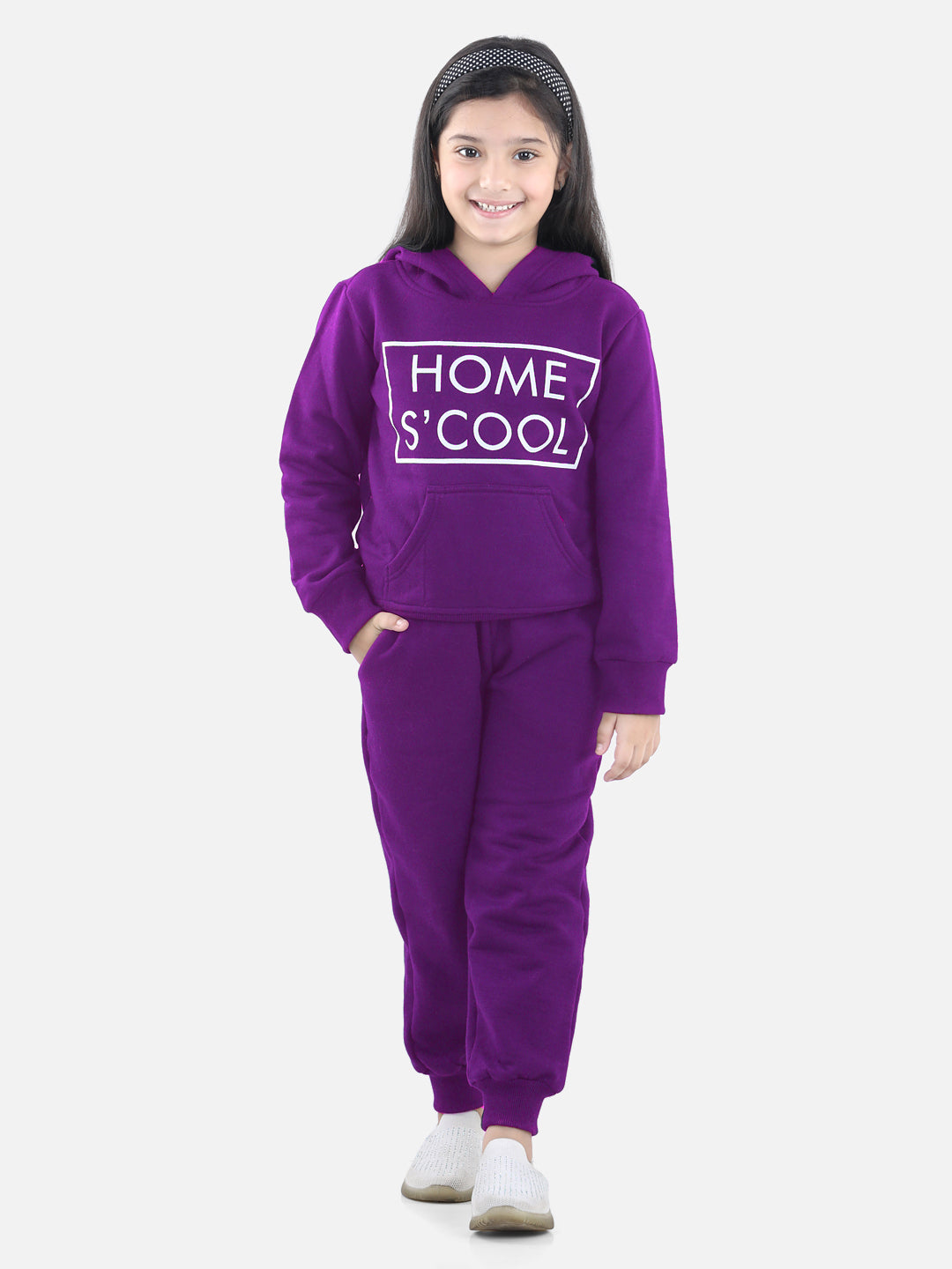 StyleStone Girls Purple Home S'Cool Printed Hooded Track Suit Set