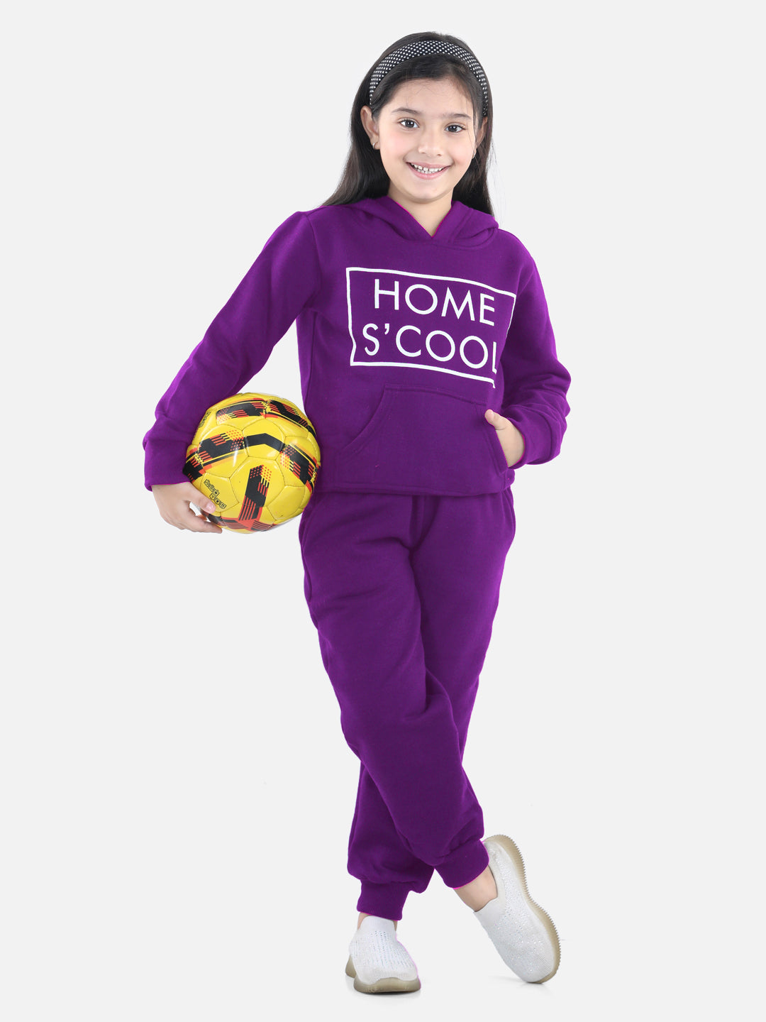 StyleStone Girls Purple Home S'Cool Printed Hooded Track Suit Set