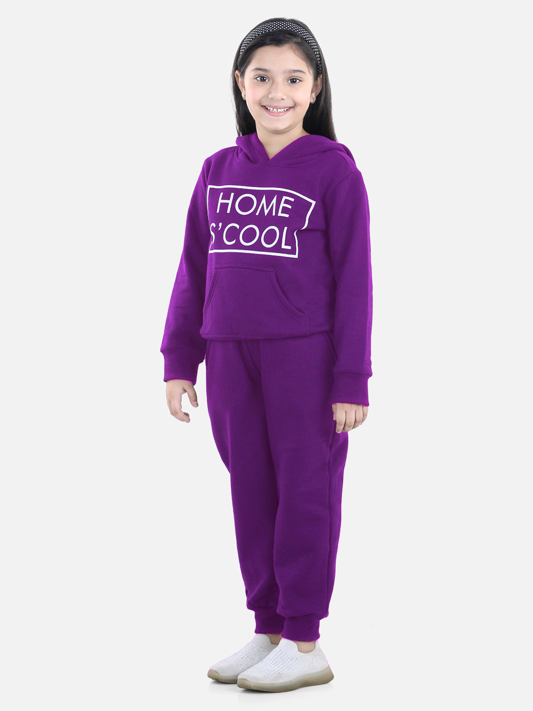 StyleStone Girls Purple Home S'Cool Printed Hooded Track Suit Set