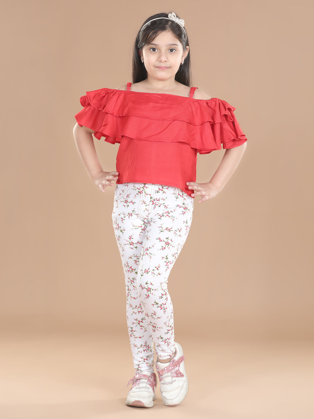 Girls Cotton Floral Printed Jegging and Red Top Set