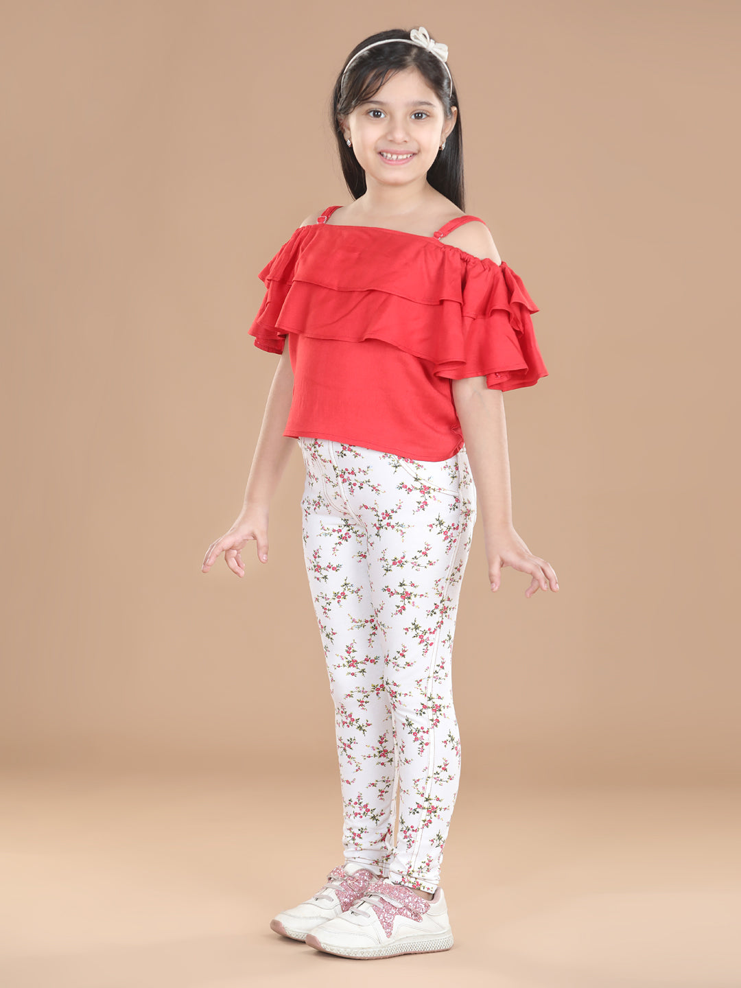 Girls Cotton Floral Printed Jegging and Red Top Set