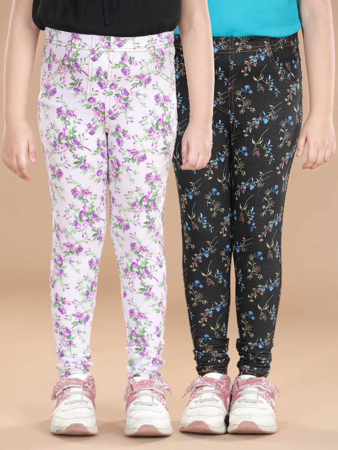 Girls Cotton Floral Printed Pack of 2 Jeggings