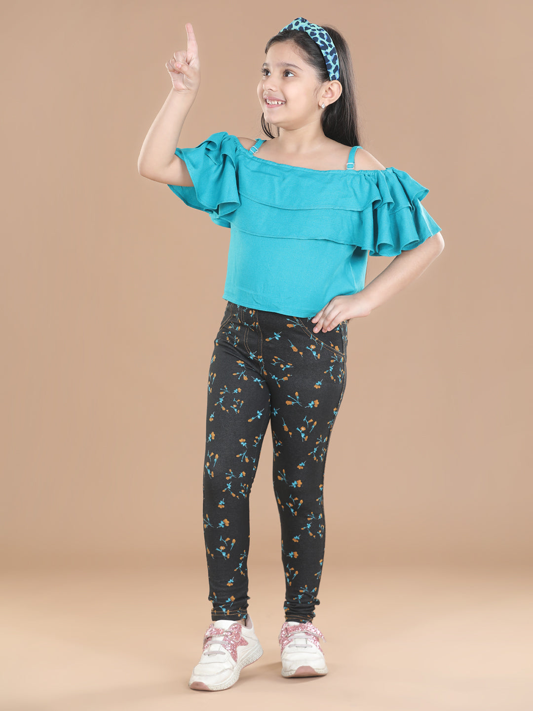 Girls Cotton Floral Printed Jegging and Blue Top Set