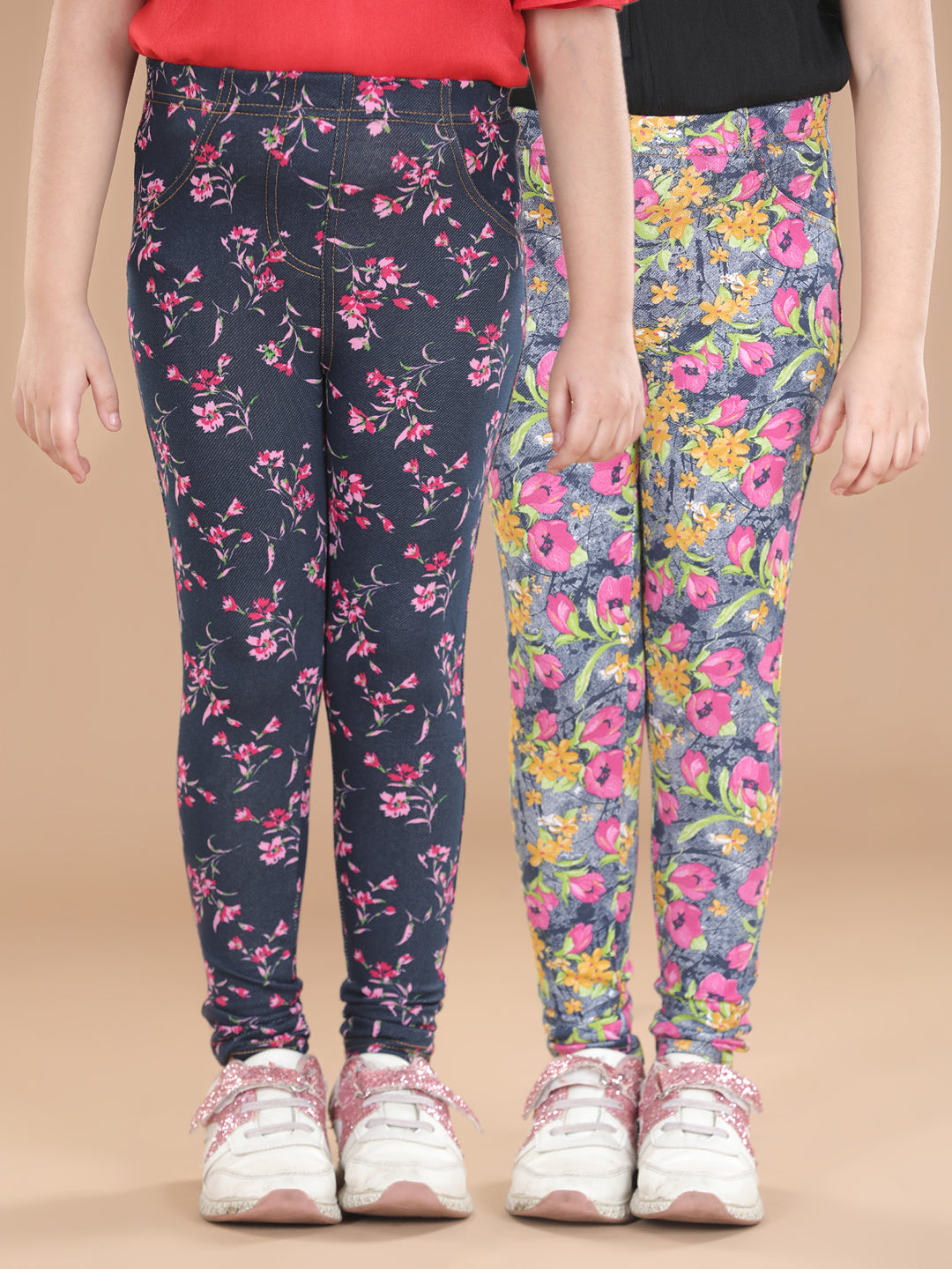 Girls Cotton Floral Printed Pack of 2 Jeggings