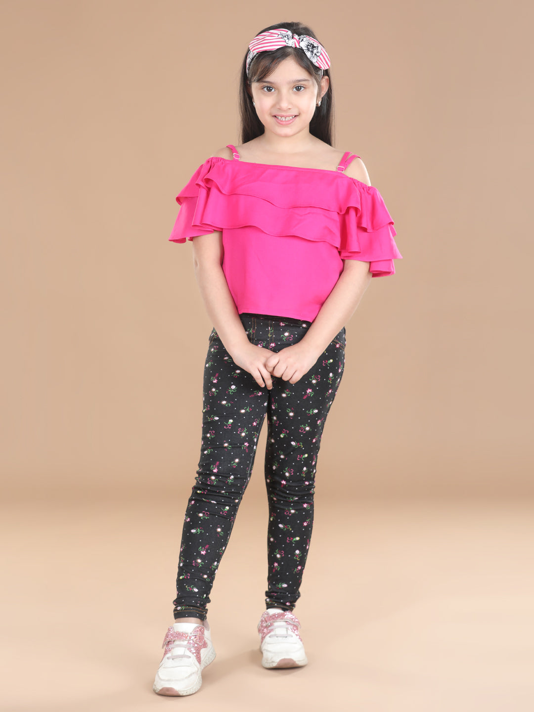 Girls Cotton Floral Printed Jegging and Pink Top Set