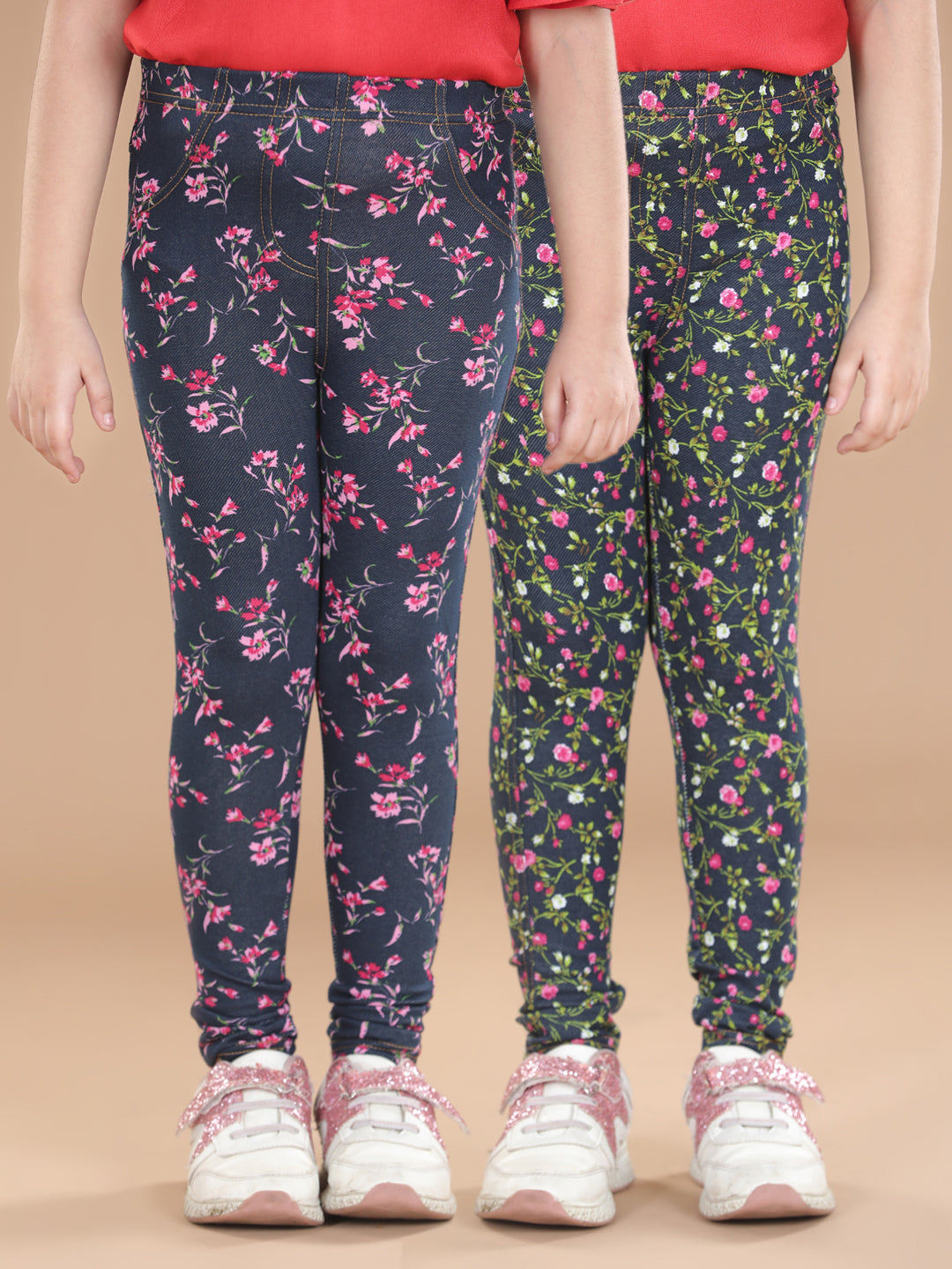 Girls Cotton Floral Printed Pack of 2 Jeggings