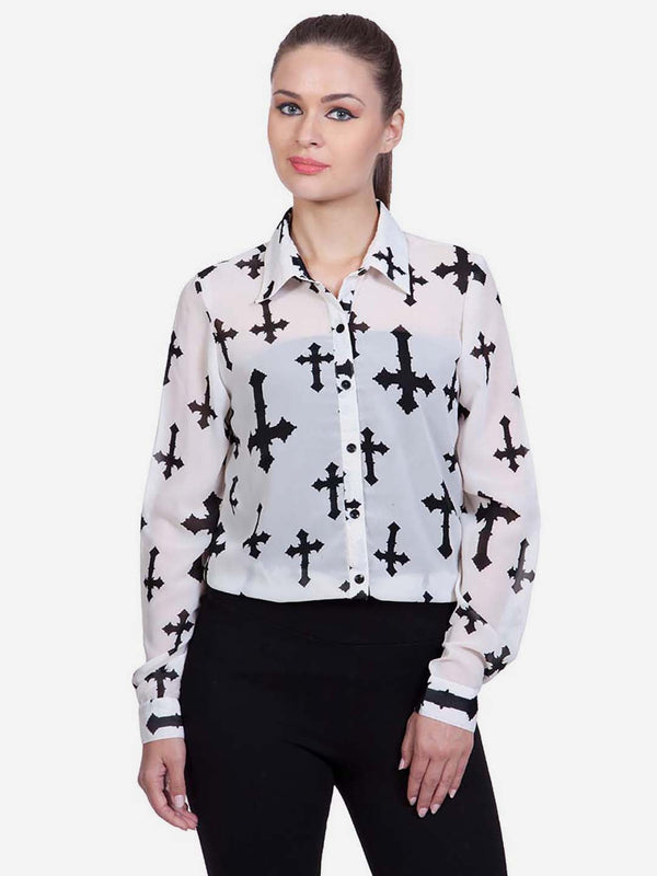 Women's White Polyester Cross Print Shirt