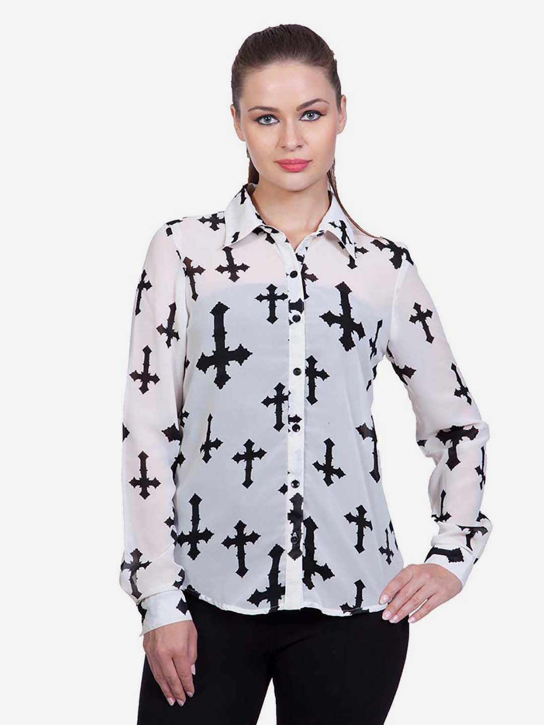 Women's White Polyester Cross Print Shirt