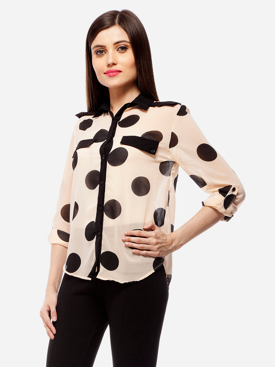 Women's Peach & Black Polyester Polka Shirt