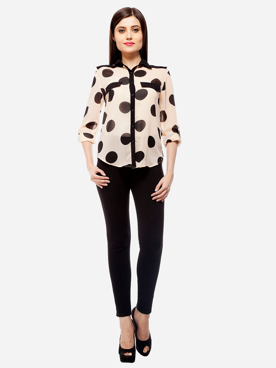 Women's Peach & Black Polyester Polka Shirt