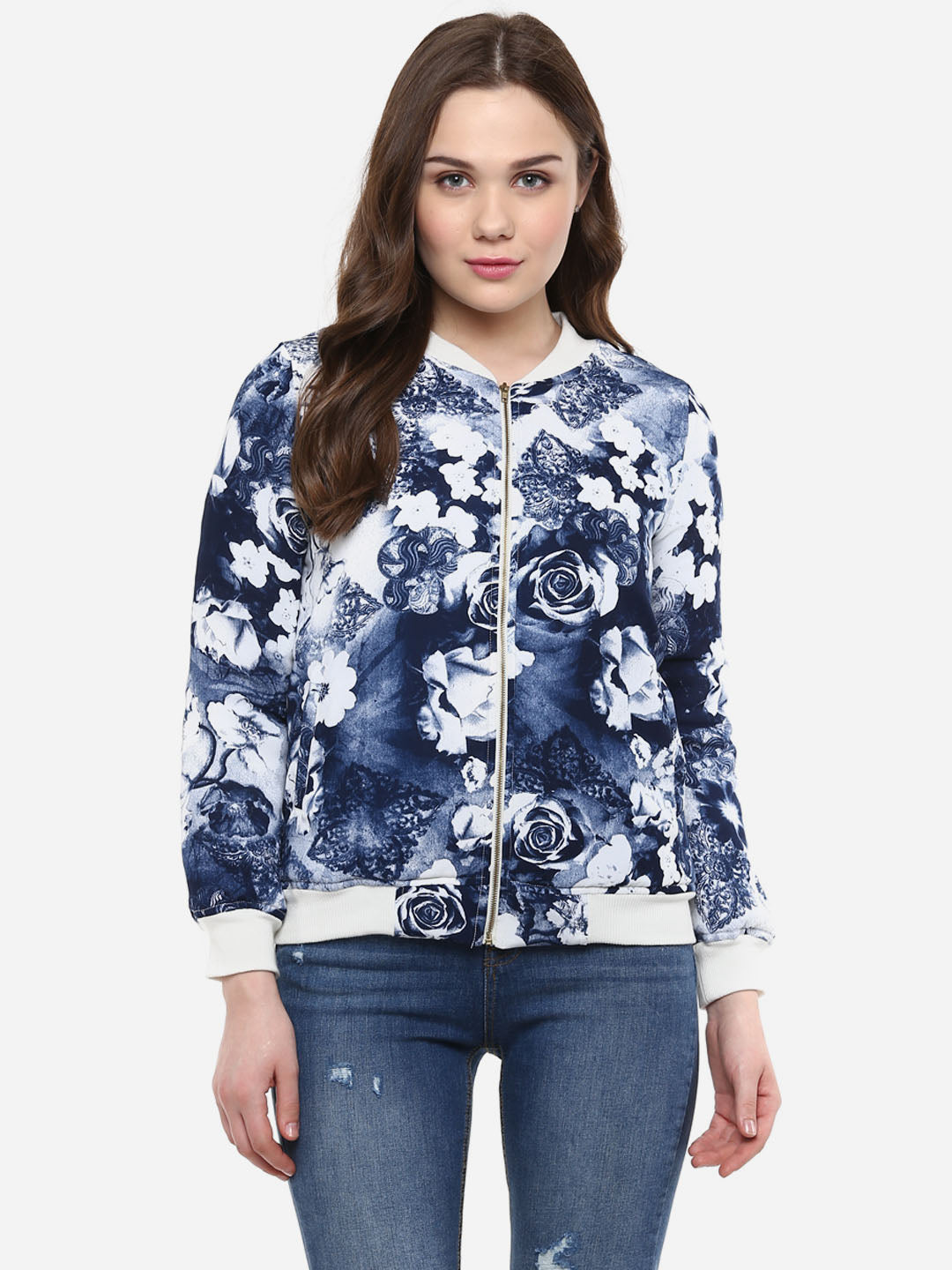 Women's Blue Floral Print Bomber Jacket