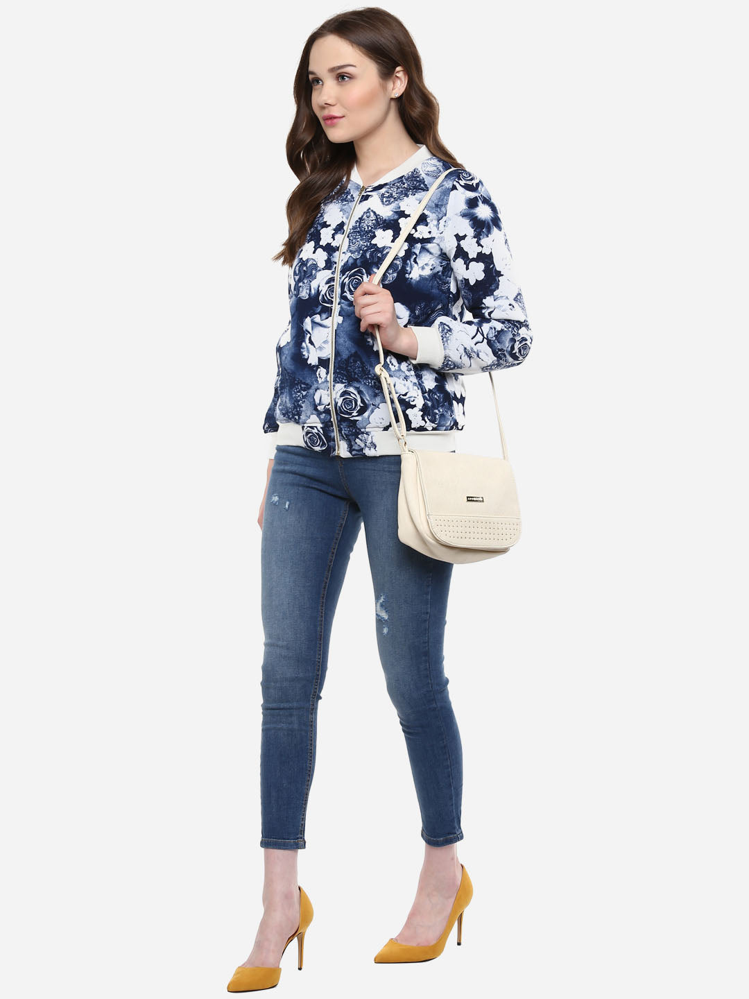 Women's Blue Floral Print Bomber Jacket