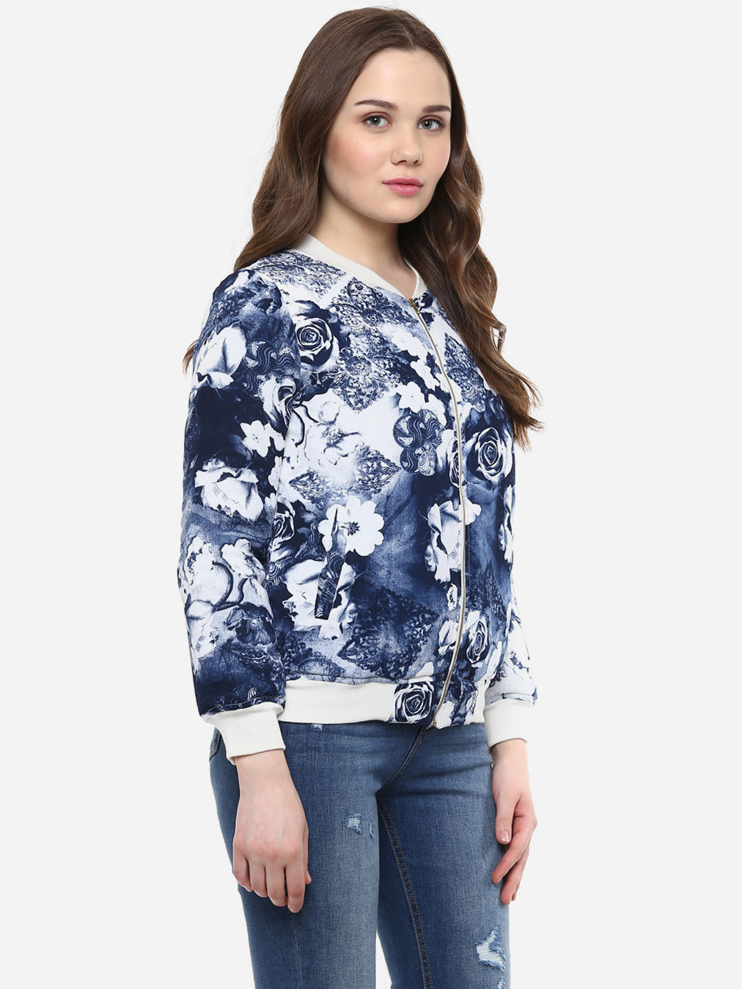 Women's Blue Floral Print Bomber Jacket