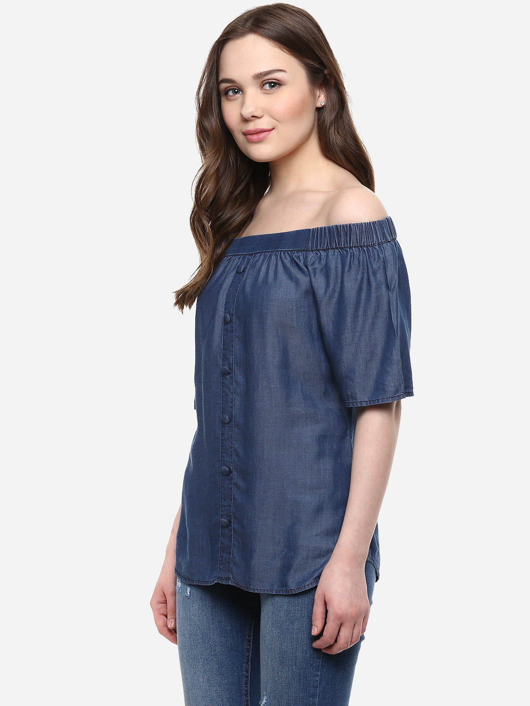 Women's Blue Tencel Denim Off Shoulder