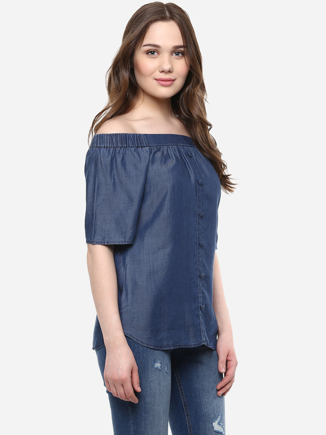 Women's Blue Tencel Denim Off Shoulder