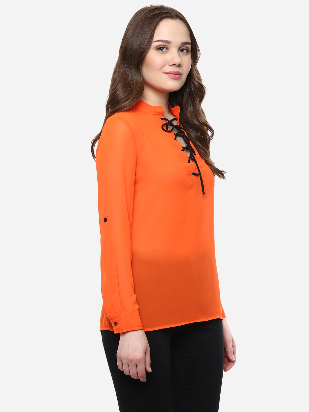 Women's Orange Georgette Top with Black Lace Up