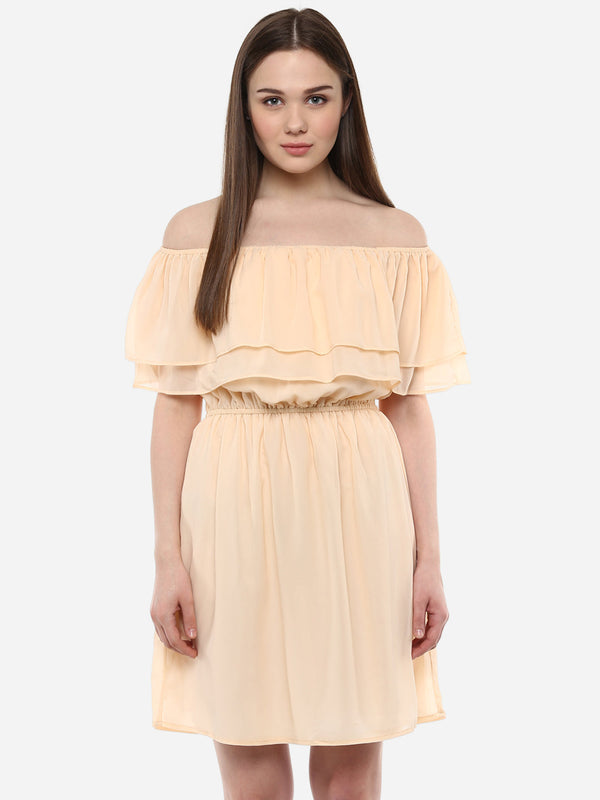 Women's Beige Georgette Off shoulder Dress