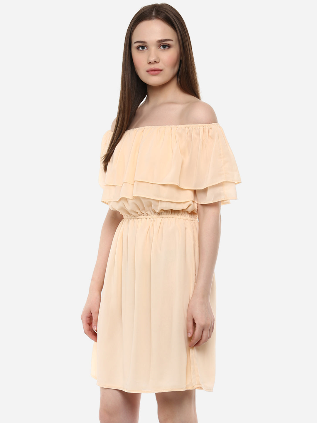 Women's Beige Georgette Off shoulder Dress