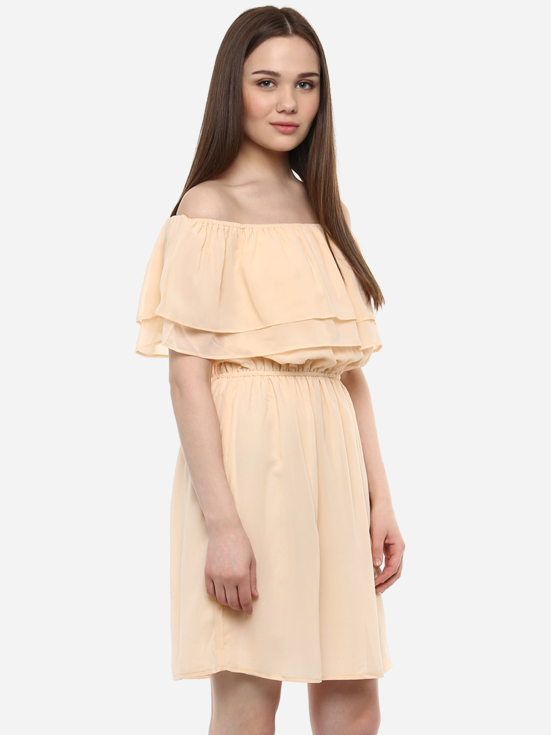 Women's Beige Georgette Off shoulder Dress