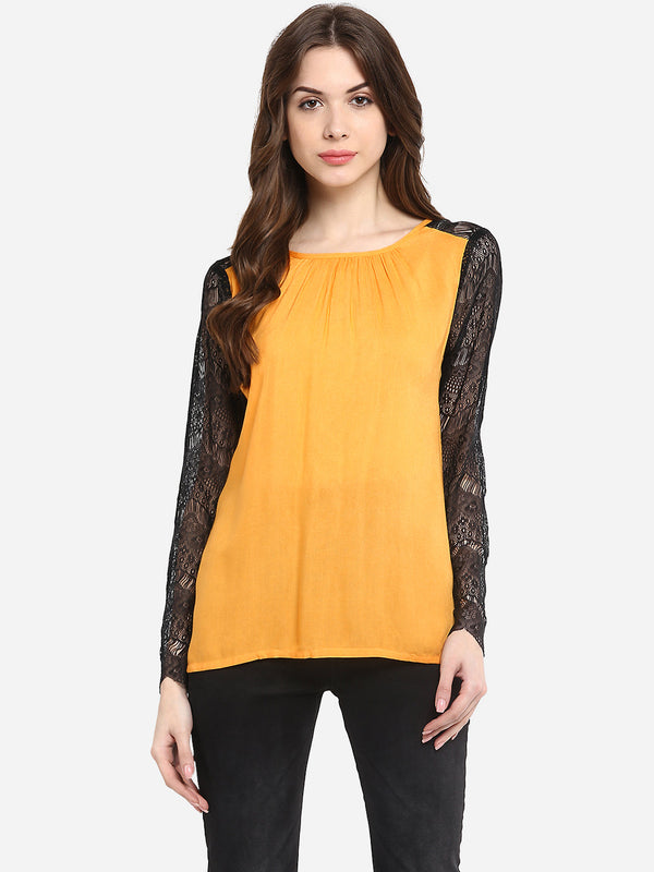 Women's Mustard Yellow Rayon Black Lace Sleeve Top