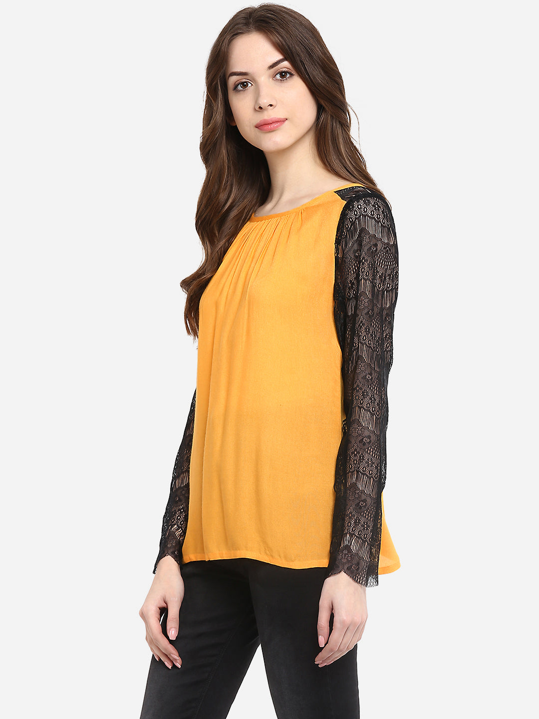 Women's Mustard Yellow Rayon Black Lace Sleeve Top