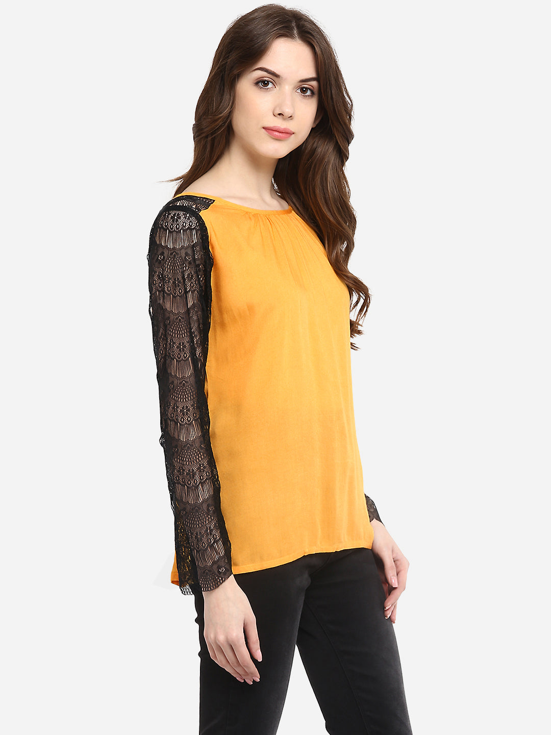 Women's Mustard Yellow Rayon Black Lace Sleeve Top