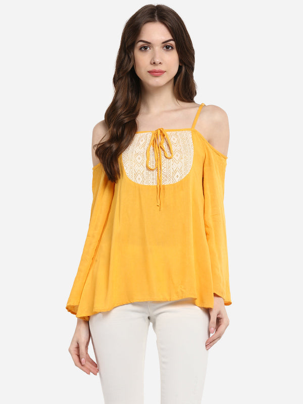 Women's Mustard Yellow Rayon Cold Shoulder Top