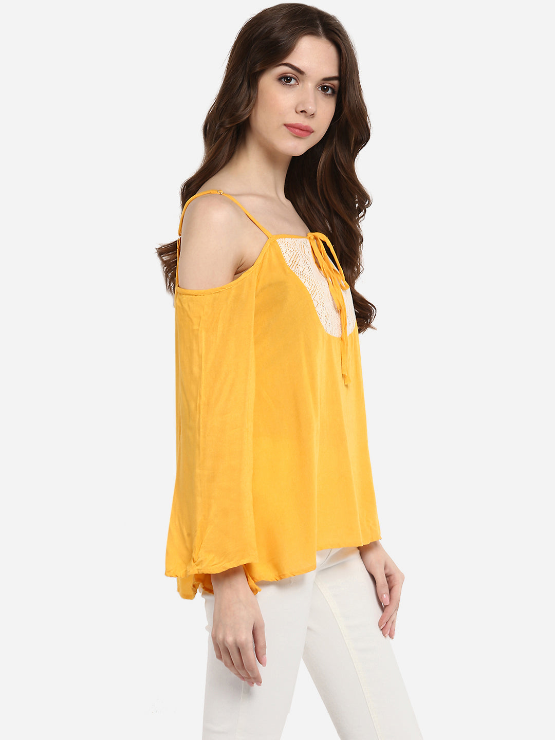 Women's Mustard Yellow Rayon Cold Shoulder Top
