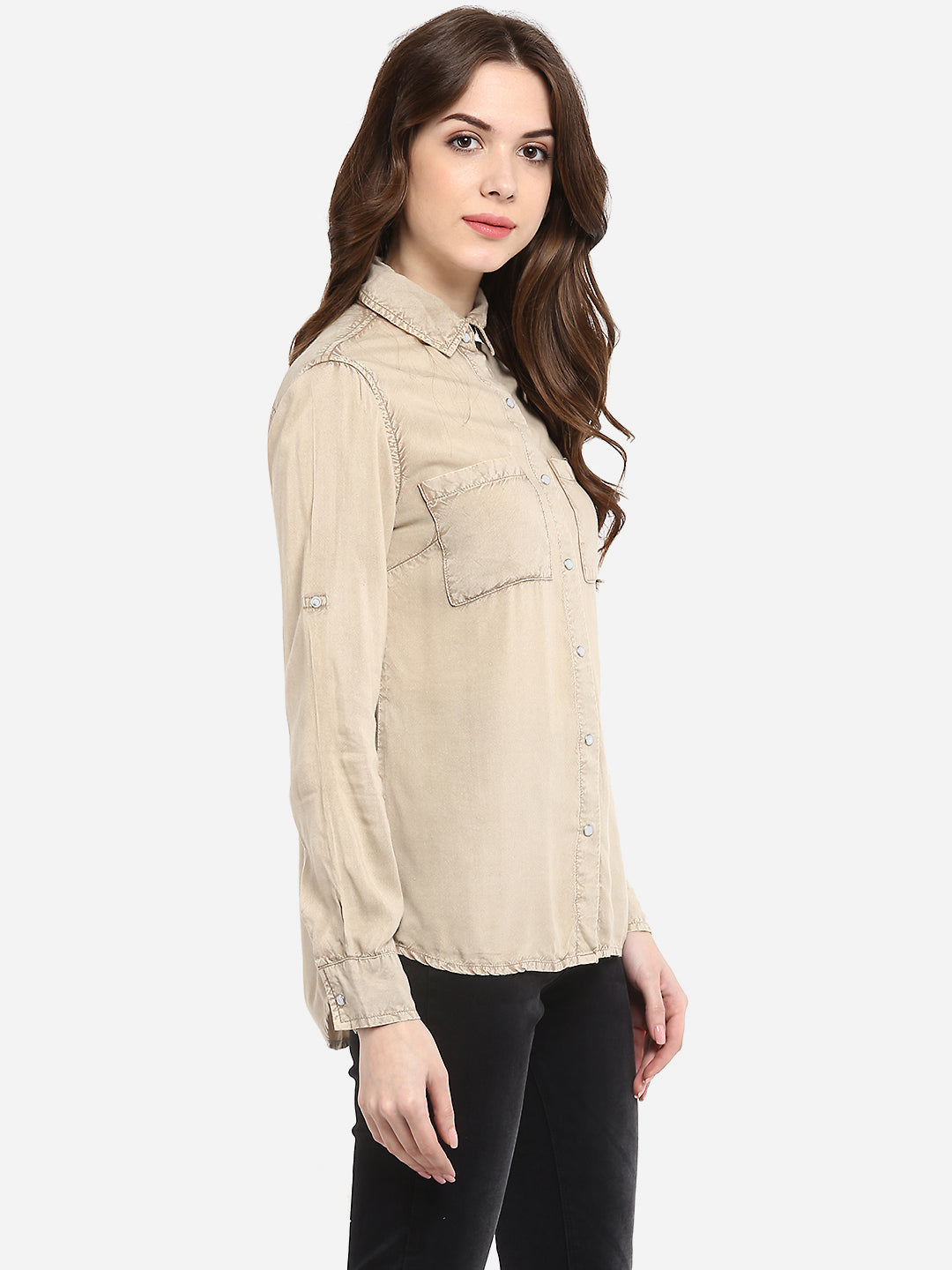 Women's Beige Rayon Acid Wash Shirt