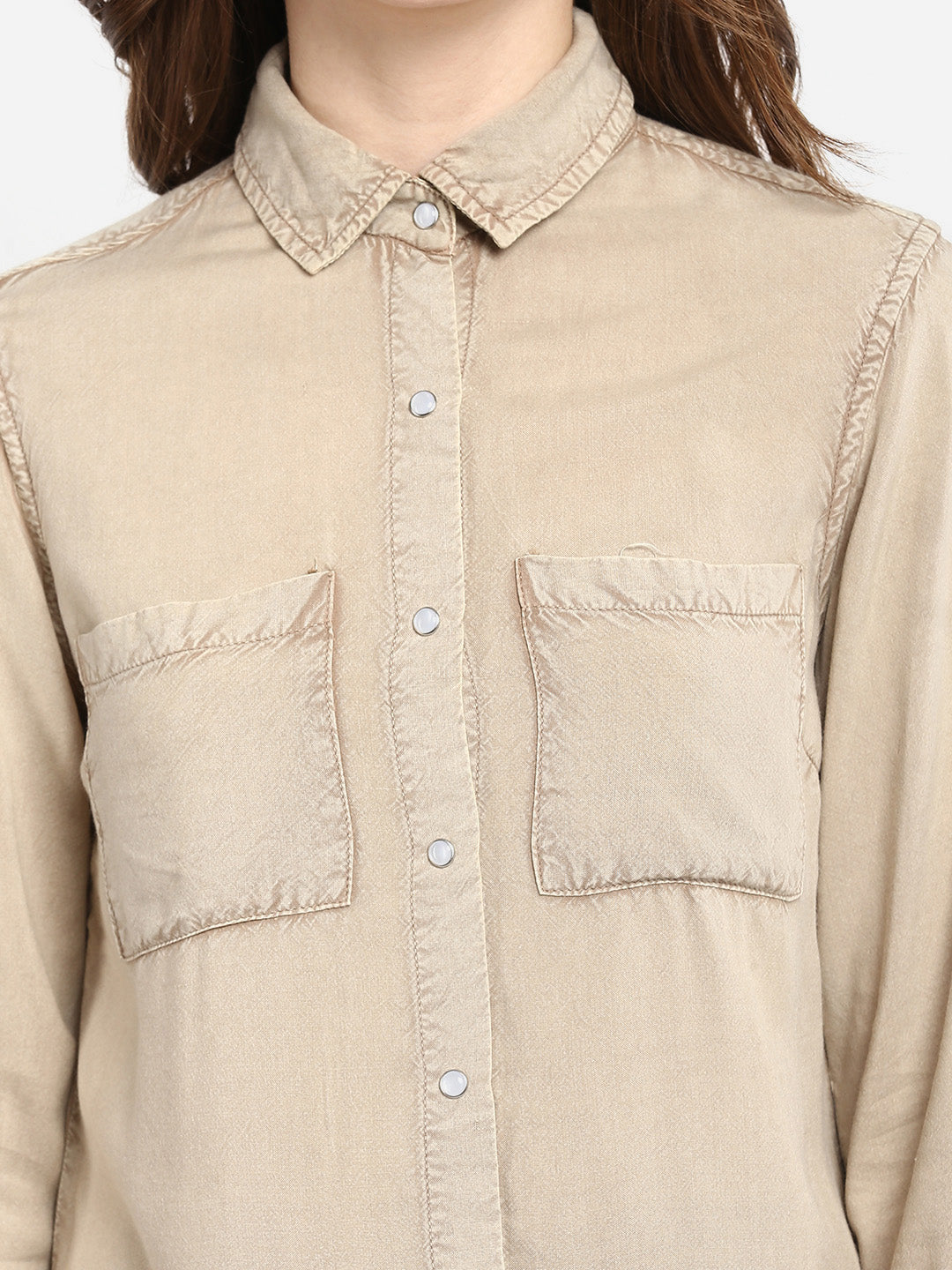 Women's Beige Rayon Acid Wash Shirt