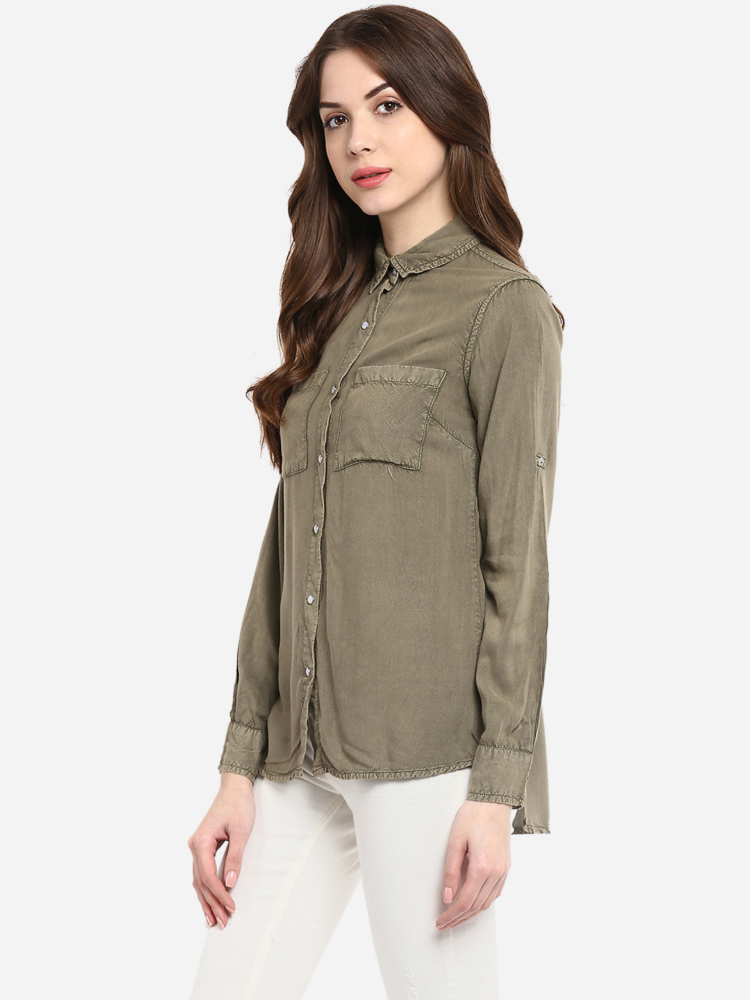 Women's Olive Green Rayon Acid Wash Shirt