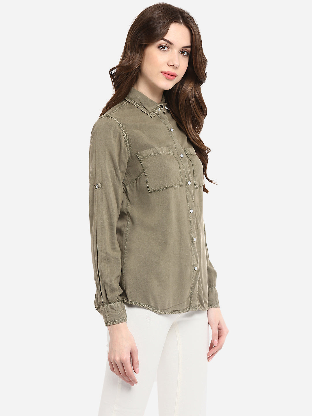 Women's Olive Green Rayon Acid Wash Shirt