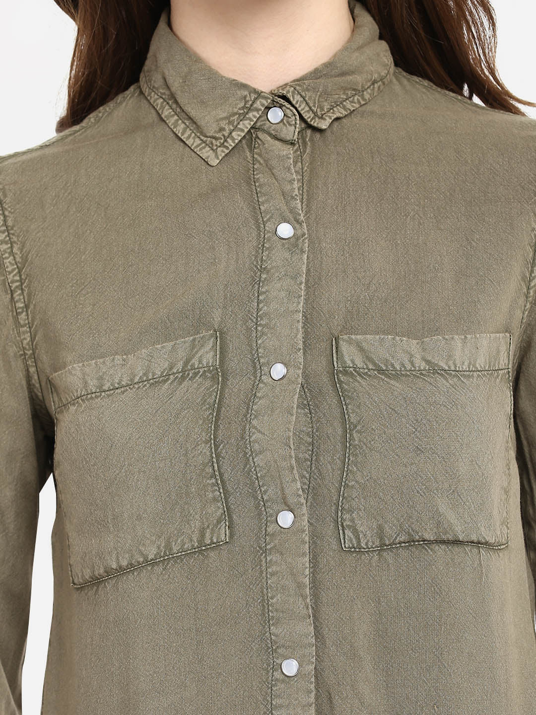 Women's Olive Green Rayon Acid Wash Shirt
