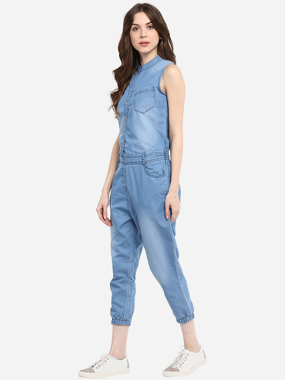 Women's Denim Mandarin Collar Jumpsuit