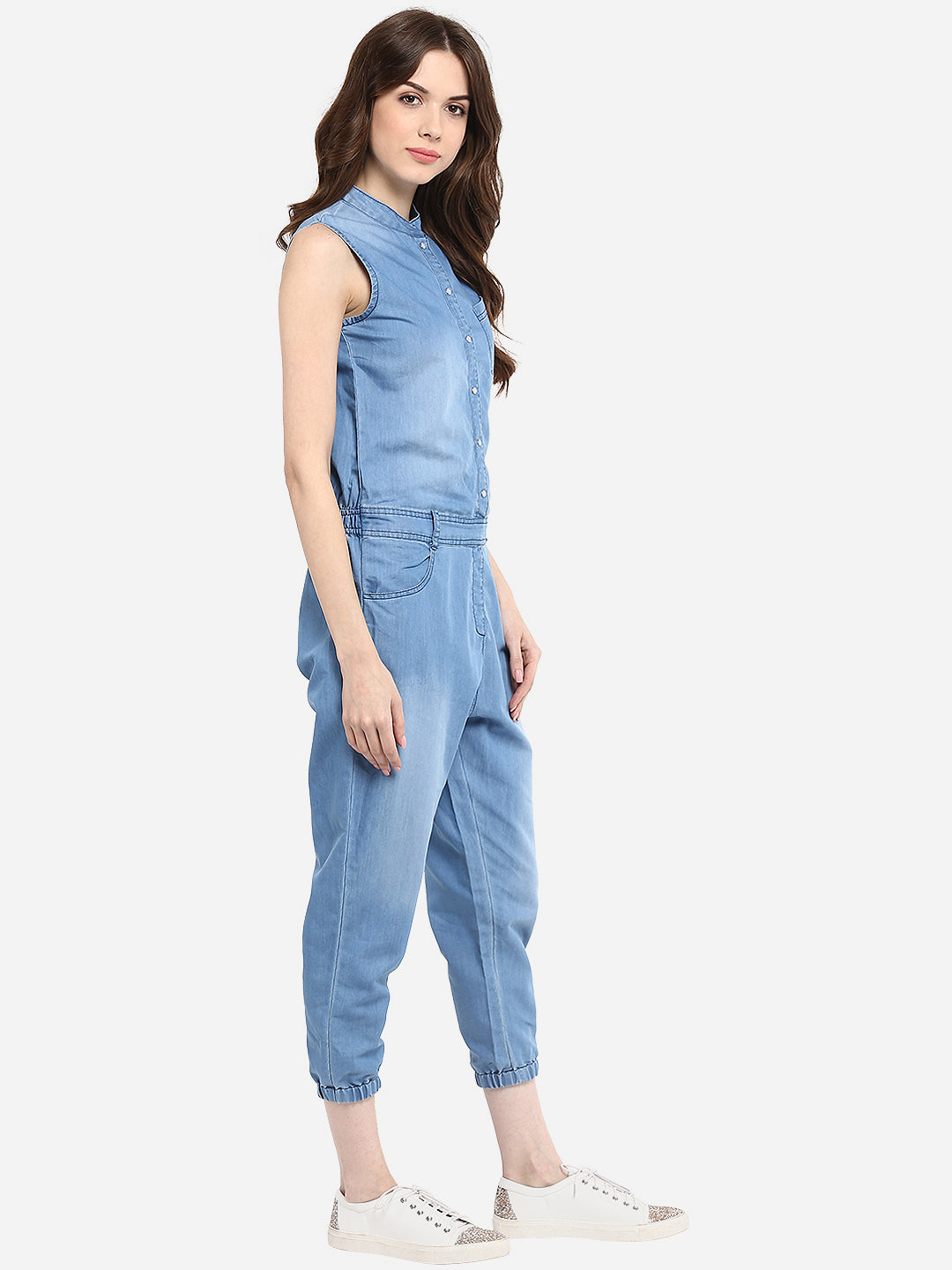 Women's Denim Mandarin Collar Jumpsuit