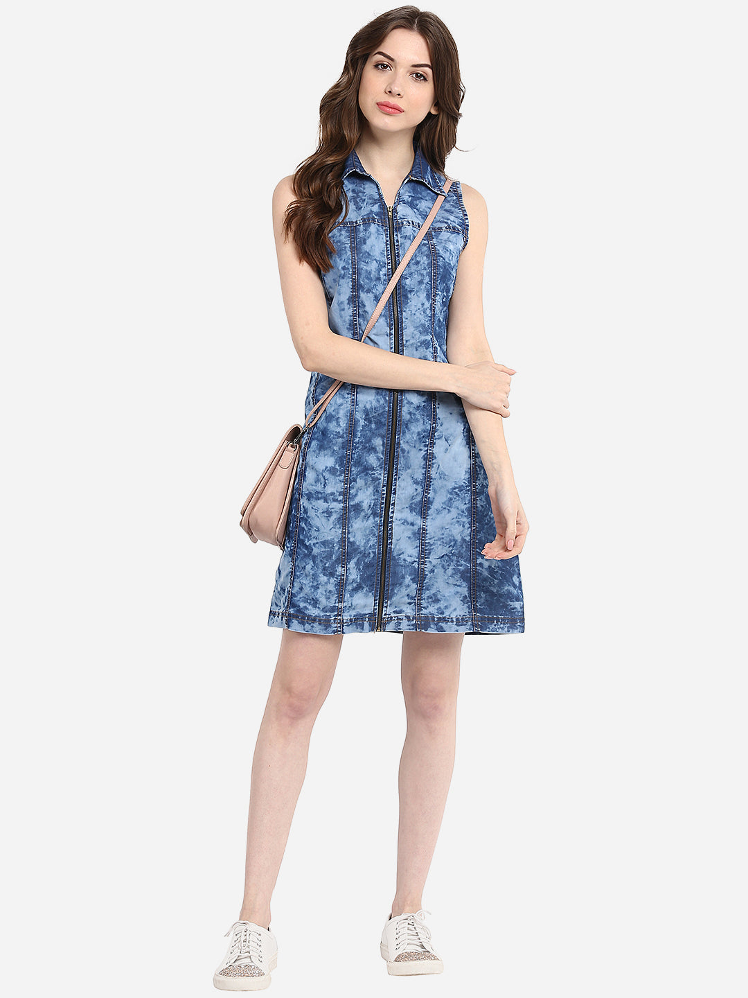 Women's Cloud Wash Blue Zip Dress with Seam