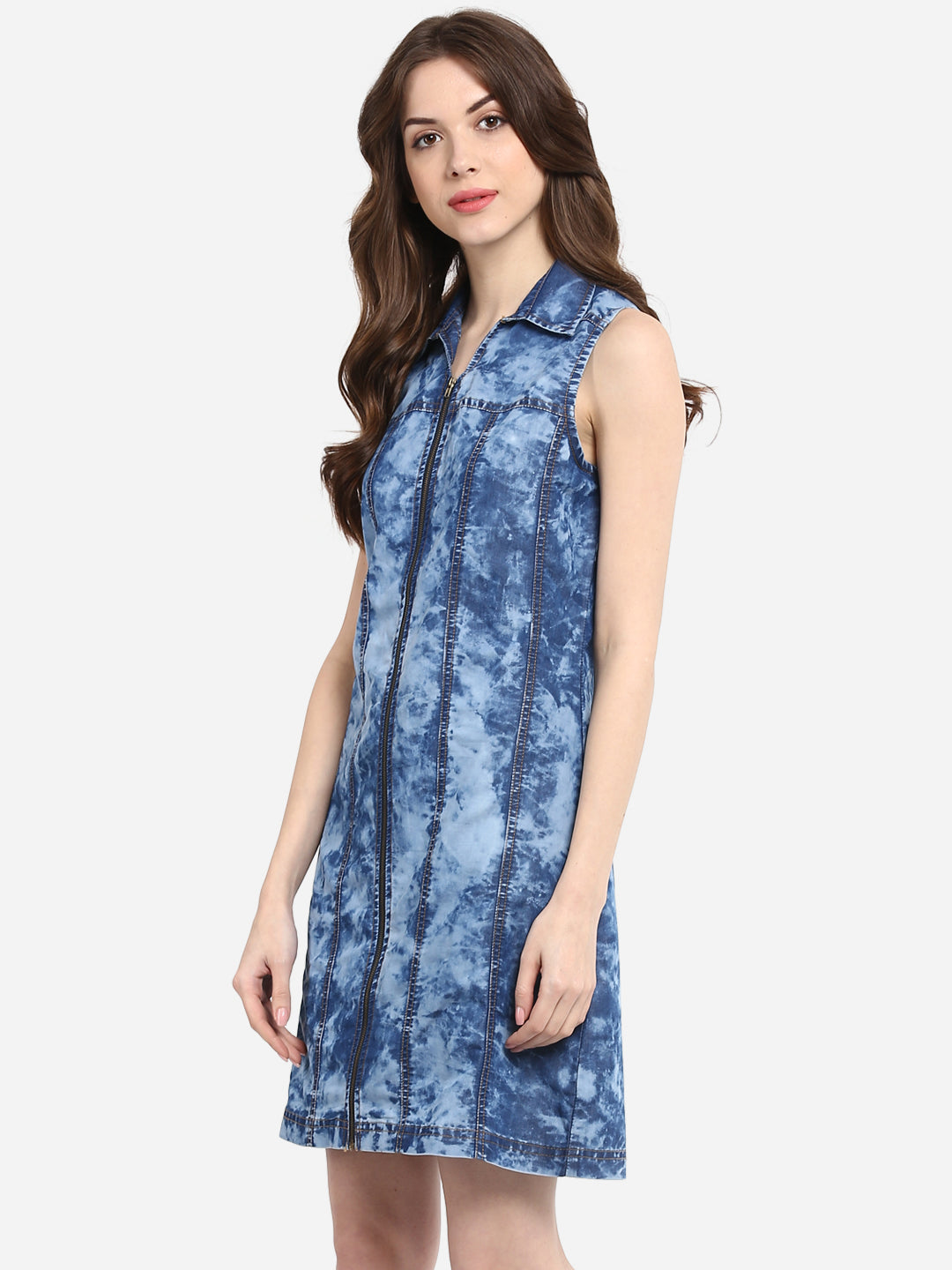 Women's Cloud Wash Blue Zip Dress with Seam
