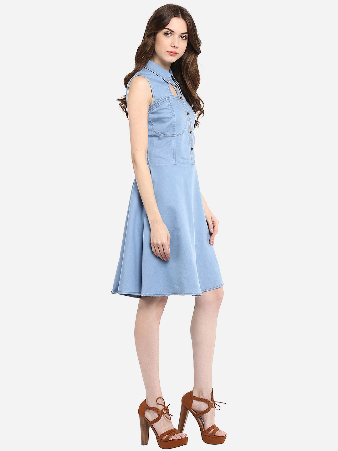 Women's Light Blue Denim Dress with Neck cutout