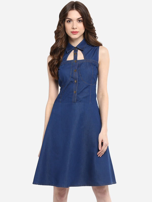 Women's Dark Blue Denim Dress with Neck cutout