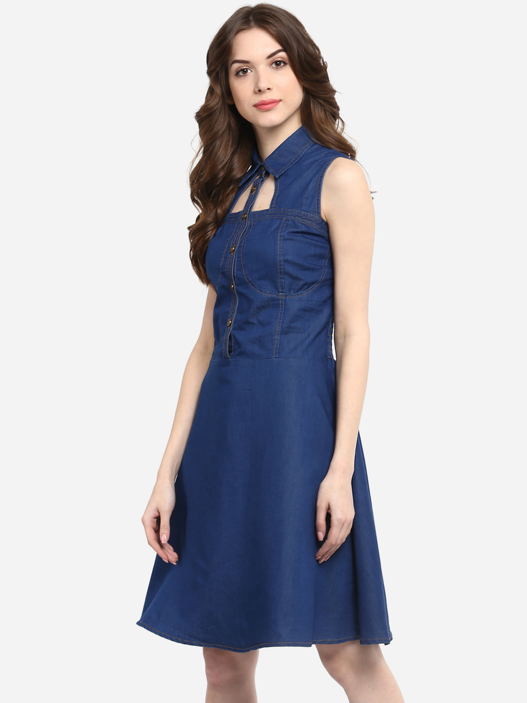 Women's Dark Blue Denim Dress with Neck cutout