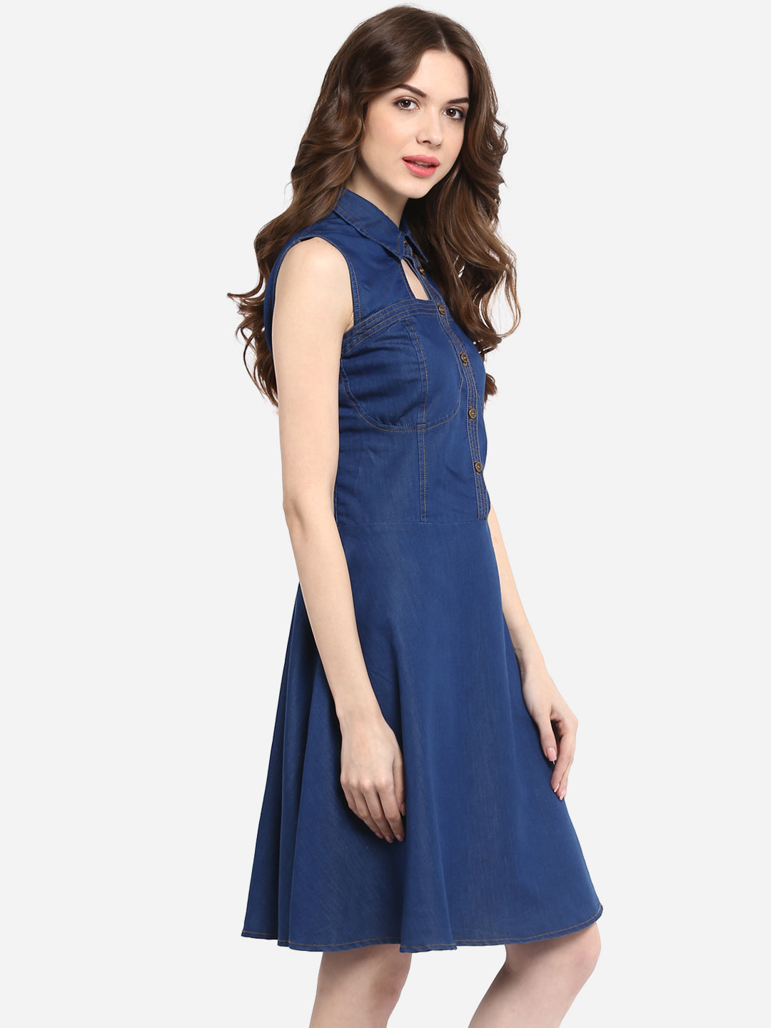 Women's Dark Blue Denim Dress with Neck cutout