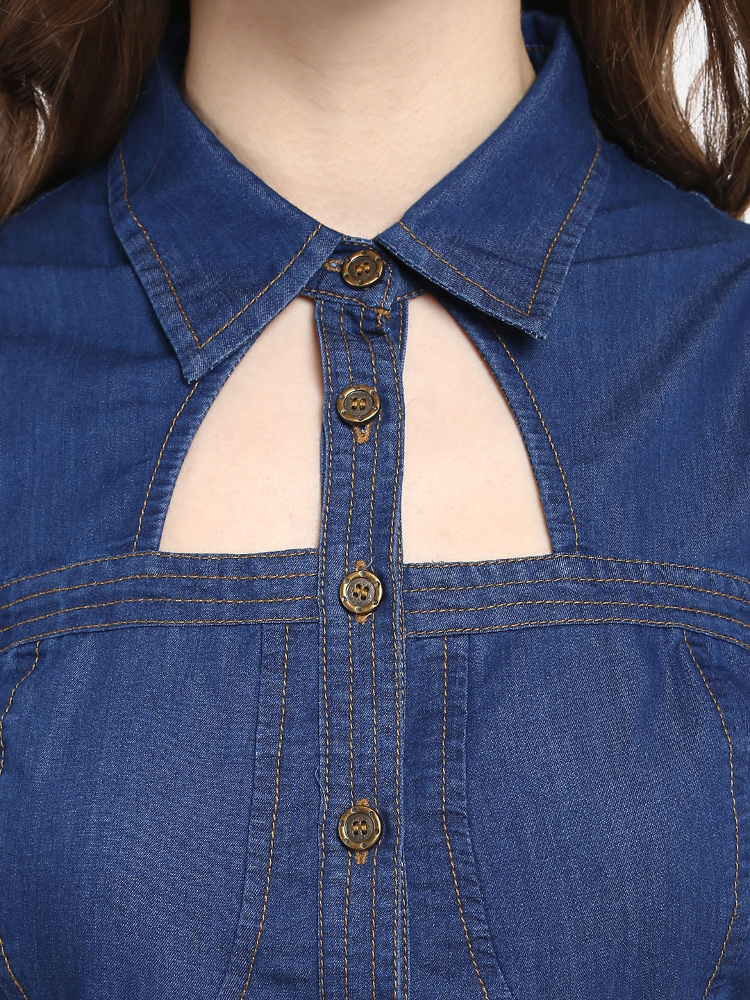 Women's Dark Blue Denim Dress with Neck cutout
