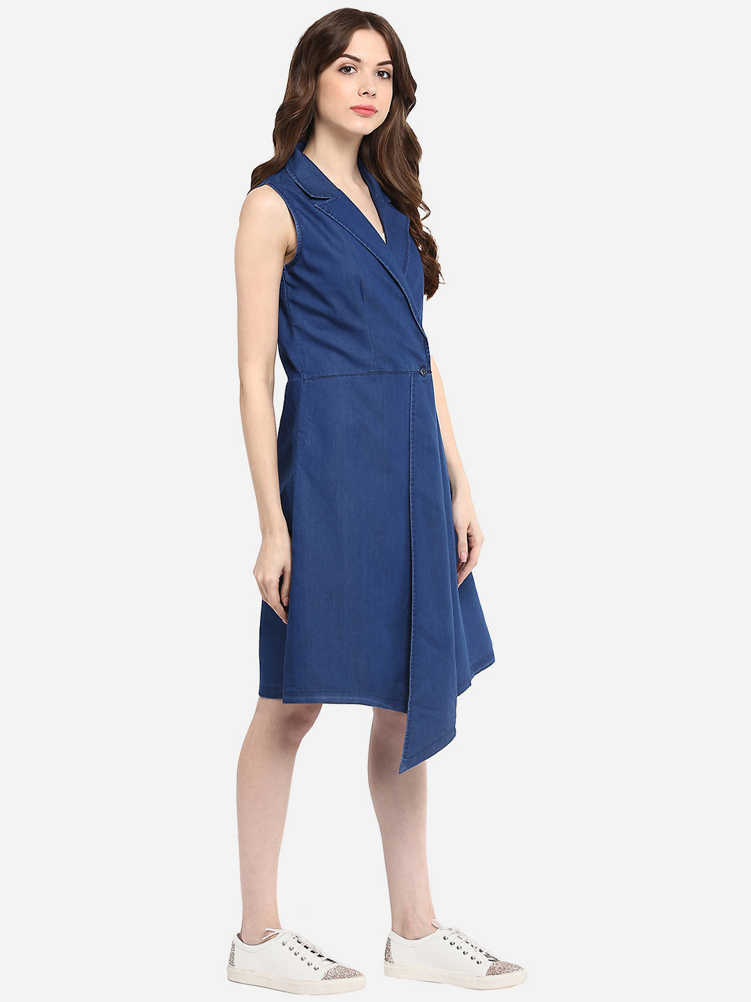 Women's Blue Denim Wrap Dress with Flap