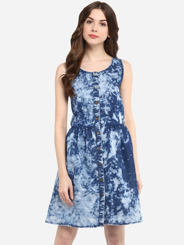 Women's Blue Cloud effect Denim Dress with elasticated Waistline